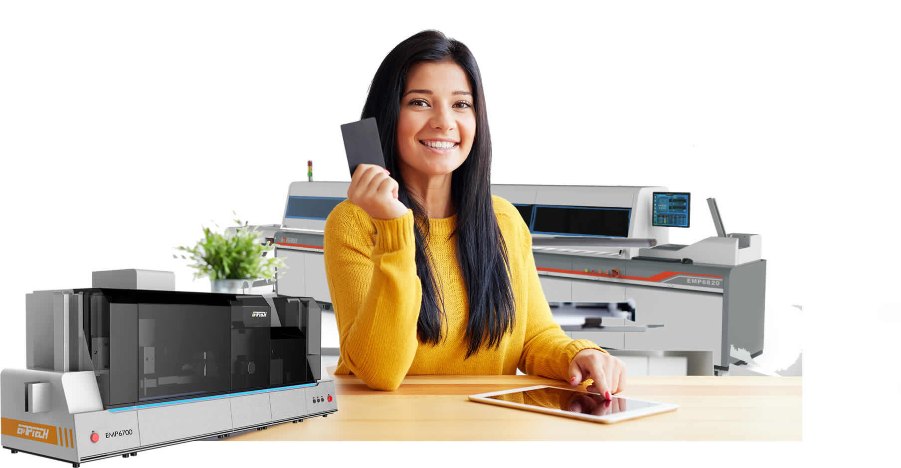 Woman with plastic card in room with DoD UV Inkjet Plastic Card Printers